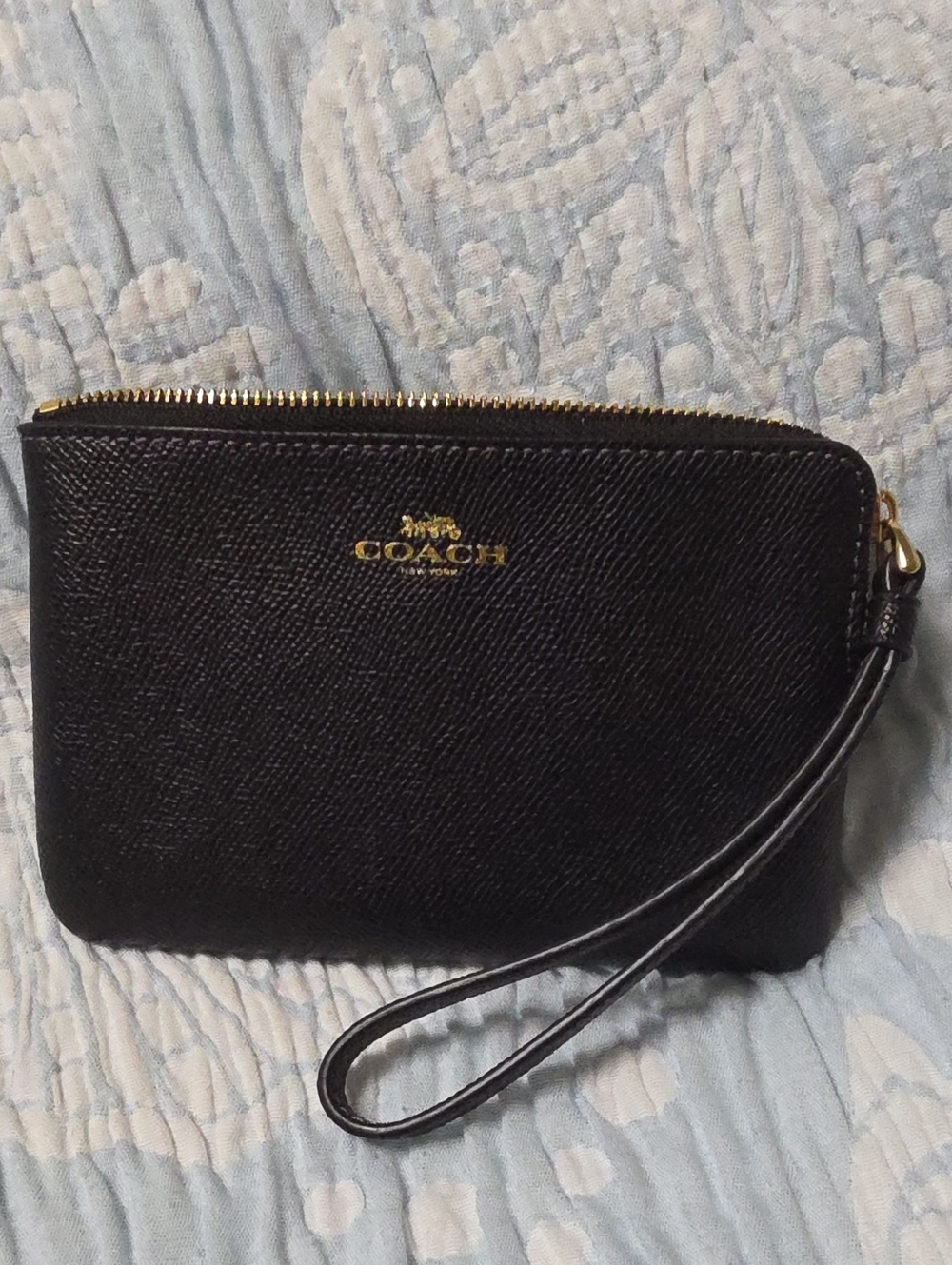 Coach Black Leather Zip Wristlet with Gold Logo